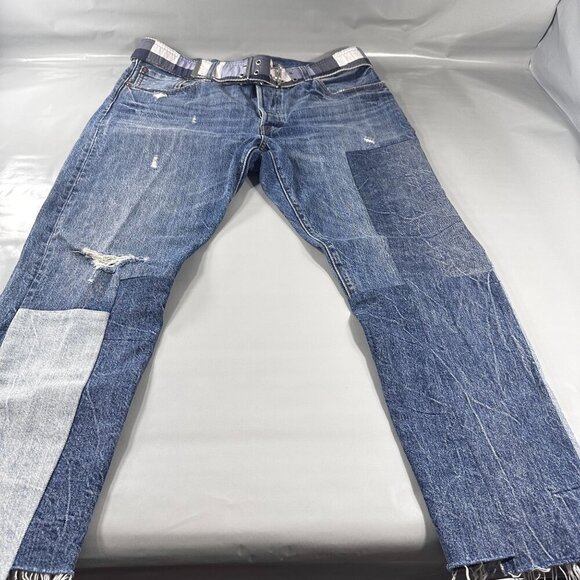 Levis 501 Jeans Women Patchwork Denim Ragged Lands Color Block Raw Hem Straight - Picture 14 of 16